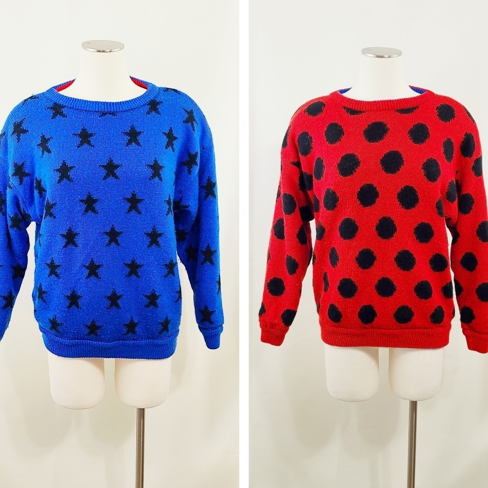 Vintage 80s reversible sweater blue stars red Black polka dots bright kidcore